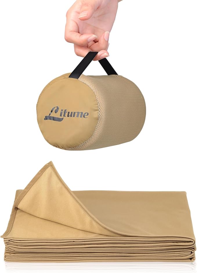 Litume Travel Blanket Lightweight and Breathable 67 x 48 in Soft Airplane Flight Blanket for Travelers Foldable Camping Sheet with Stuff Sack for Train Camp backapcking office home(Creamy Brown)