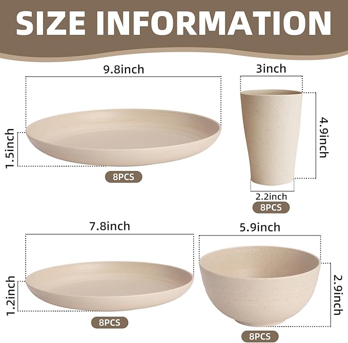 Cream Plastic Plates and Bowls Sets Dishwasher and Microwave Safe Wheat Straw Dinnerware Sets for 8Reusable Plastic Dishes Set Lightweight Unbreakable for Kitchen Camping Outdoor RV 32 Pcs