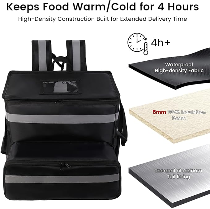 Food Delivery BagLarge Insulated Backpack for Doordash/Uber Eeats Expandable Cooler Bags for Bike/Motorcycle with Reflective Strip and Cup HoldersReusable Pizza Food Delivery Bag with Hand Straps