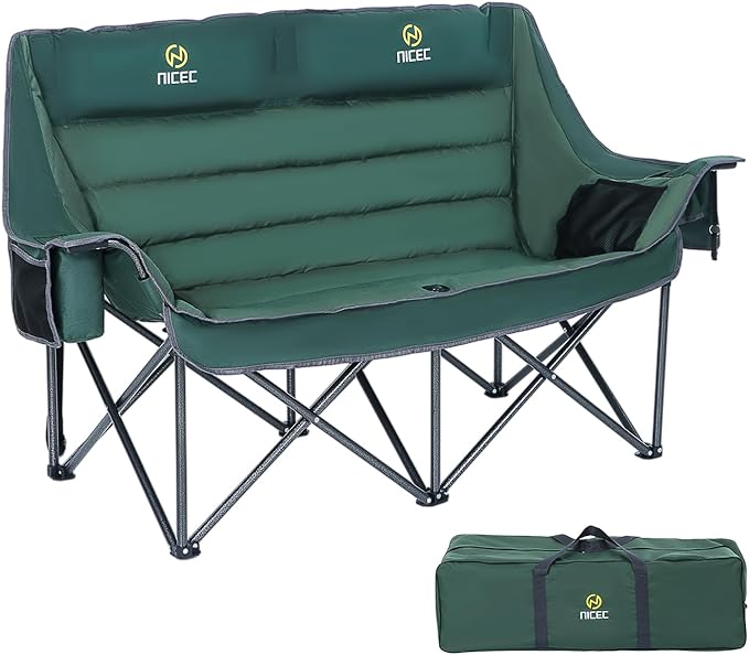 Nice C Double Padded Camping Chair Oversized Loveseat Camping Chair Outdoor Camping Couch for Adults Lawn Chairs Extra Padded with Cup Holder Cooler Bag Bottle Opener (Green)