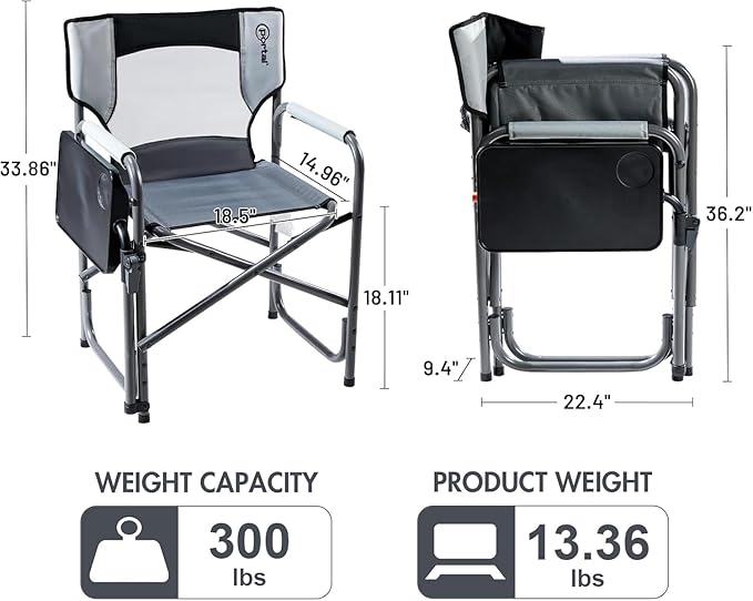Portal Folding Director Chair with 2-Way Rotating Side Table Heavy Duty 300 lb Camping Chair with Swivel Tray &amp Cup Holder Ergonomic Mesh Back Portable Outdoor Seat for RV Tailgating &amp Lawn