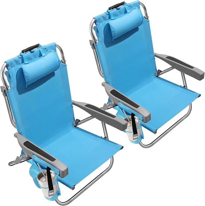 5-Position Aluminum Lay Flat Backpack Beach Chair 2 Pack Compact Portable Low Beach Chairs for Adults Beach Chair with Cooler Pouch Storage Pouch Towel Bar Cup Holder Blue
