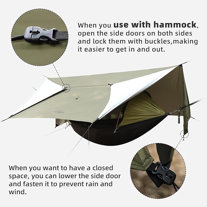 Ultralight Tarp 14ft Hammock Rain Fly Lightweight Waterproof Camping Tent Tarp with Doors Bushcraft Tarp Shelter for Backpacking Hiking Camping