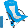 KingCamp Low Beach Chair Folding Portable Lightweight Backpack Chair for Adults with Cup Holder Pocket Carry Bag for Outdoor Camping Concert Festival Travel Sports Lawn Sand Blue