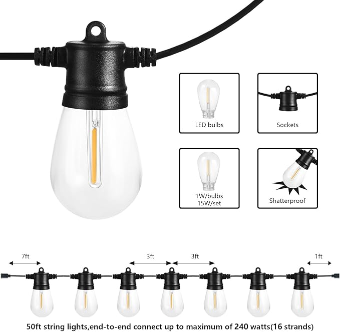 SUNTHIN Outdoor String Lights 3 * 50FT(150FT Total) Patio Lights with 3 * 15 LED Shatterproof Bulbs for Outside Backyard Deck Porch Garden Bistro Cafe Party