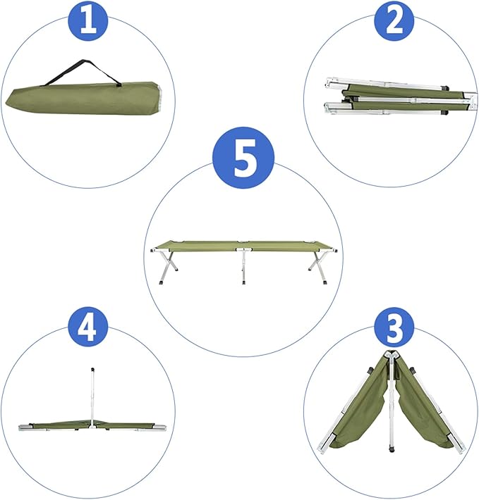 Portable Military-Style Folding Camping Cot with Carrying Bag - Army Green