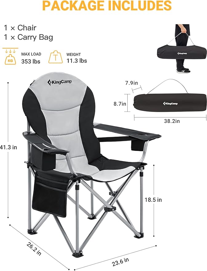 KingCamp Folding Portable Camping Chairs Oversized Padded Quad Arm Chair with Cooler Bag Cup Holder and Side Pocket Heavy Duty Supports 300 lbs for Outdoor Lawn Fishing Sports