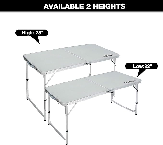 REDCAMP Heavy-Duty Aluminum Frame Camping Table 4ft Large Folding Table (48x24 Inches) with Adjustable Height Portable for Outdoor Picnic Tailgate Party