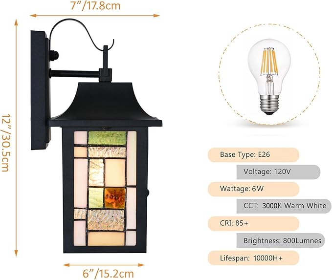 WL0010 Tiffany Style Outdoor Light Fixutres Stained Glass Wall Sconce Exterior Waterproof Wall Lantern Light for Balcony Aisle Hallway W 7X D 6 x H 12 Inches Bulb Included (Lumigrid)