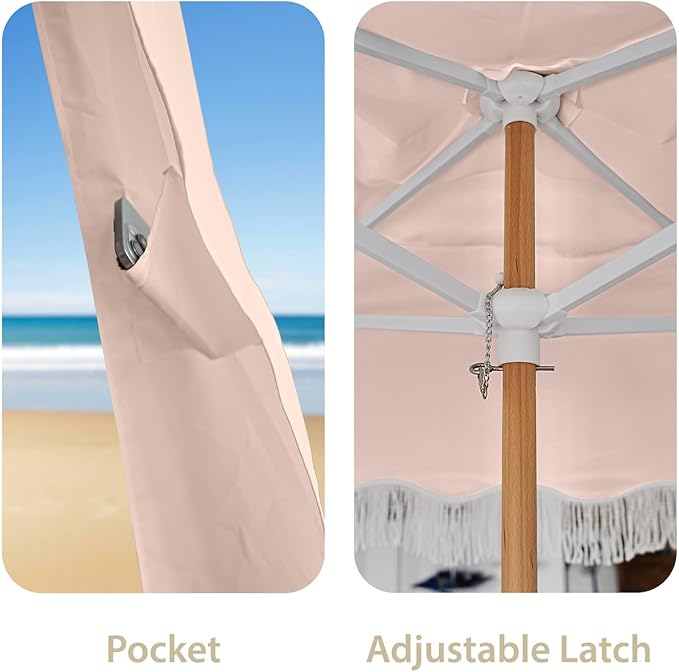 AMMSUN Beach Cabana with Fringe 6.5' x 6.5' Boho Beach Canopy with Tassels Easy Set up &amp Premium Wood Pole Cabana Tent with Sand Pockets Instant Sun Shade for Sand Garden Patio Pink Coral