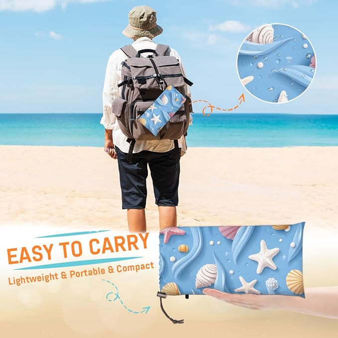 Waterproof Sandproof Beach Blanket 59''×68'' Ocean Decoration Shell Polyester Outdoor Picnic Blanket with 4 Stakes &amp Storage Bag for BeachCampingVacation