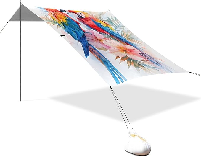 ALAZA Watercolor Parrots Tropical Beach Tent Sun Shelter UPF50+ Protection Beach Shade Canopy w/ 4 Sandbags for Outdoor Camping Fishing Backyard Fun Picnic 10x9 ft