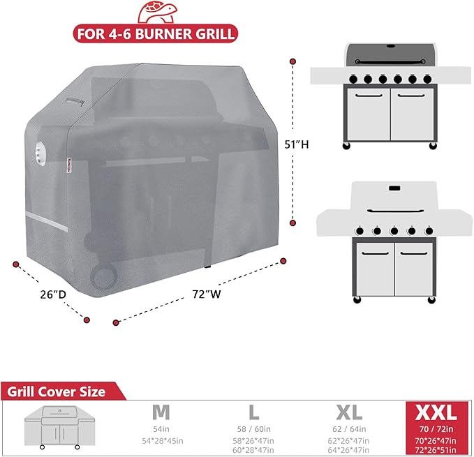 Turtle Life BBQ Grill Cover 72 Inch Heavy Duty Waterproof 4-6 Burner Barbecue Gas Grill Covers for Weber Genesis Char-Broil Brinkmann Gray