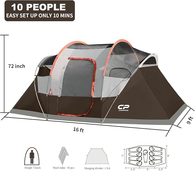 CAMPROS CP Camping Tent 10 Person Family Cabin Tent 2 Room Water Resistant Waterproof Tent with Top Rainfly 4 Large Mesh Windows Double Layer Easy Set Up Portable with Carry Bag 16ft x 9ft x72in