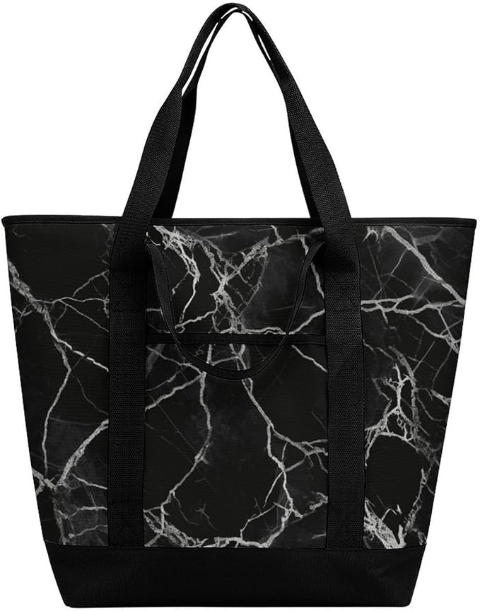 Insulated Shopping BagLarge Reusable Cooler Bags Black Marble Printed Foldable Shopping BagTravel Waterproof Shoulder Bag