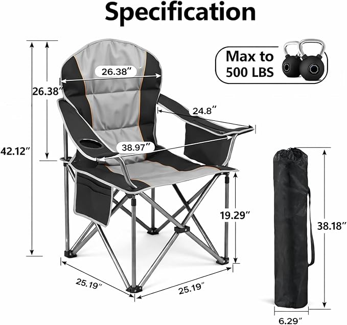 Simple Deluxe Oversized Outdoor Foldable Camping Chair with Cup Holder and Carrying Bag Camping Chair with 500lbs Capacity and Sturdy Material Suitable for Beaches Hiking and Camping Black