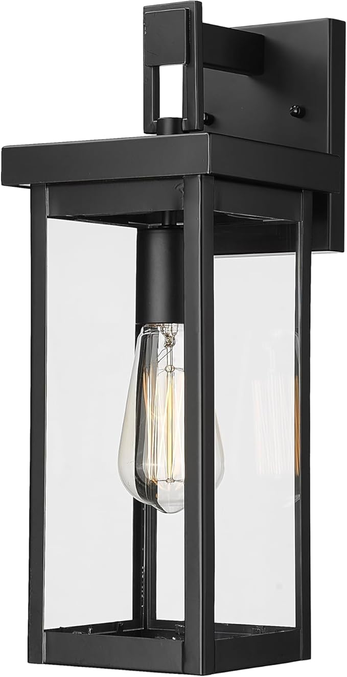 ML Lighting | Barkeley Collection | 42601-PBK | 16 Modern One Bulb Outdoor Steel Small Wall Sconce | Anti-Rust Powder Coat Black with Clear Glass Shade | Exterior Ambient Light for Safety