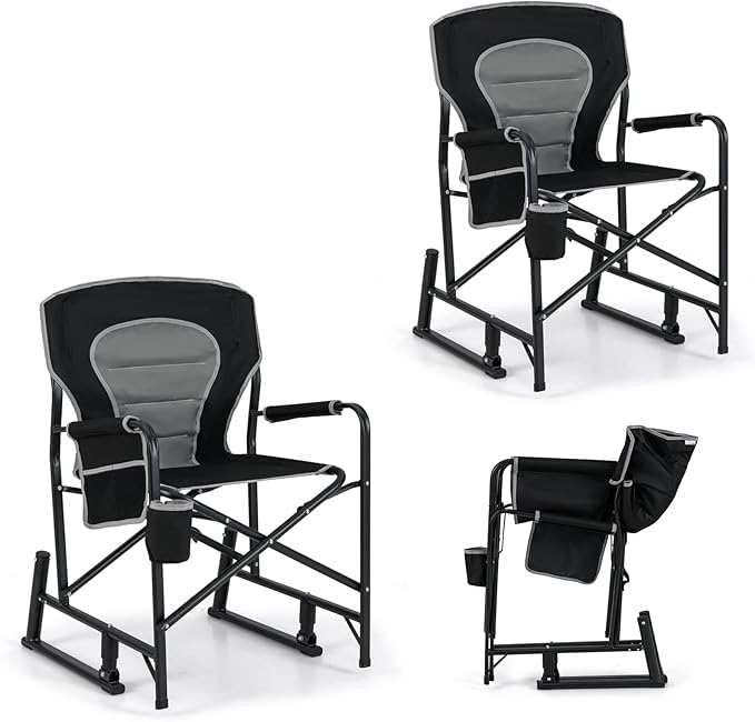 Goplus Outdoor Rocker Camping Chairs for Adults Portable Folding Chair w/Dual Springs Padded Back Cup Holder Storage Pocket Heavy-Duty Rocking Arm Chair for Beach Lawn Travel Fishing(2Black)