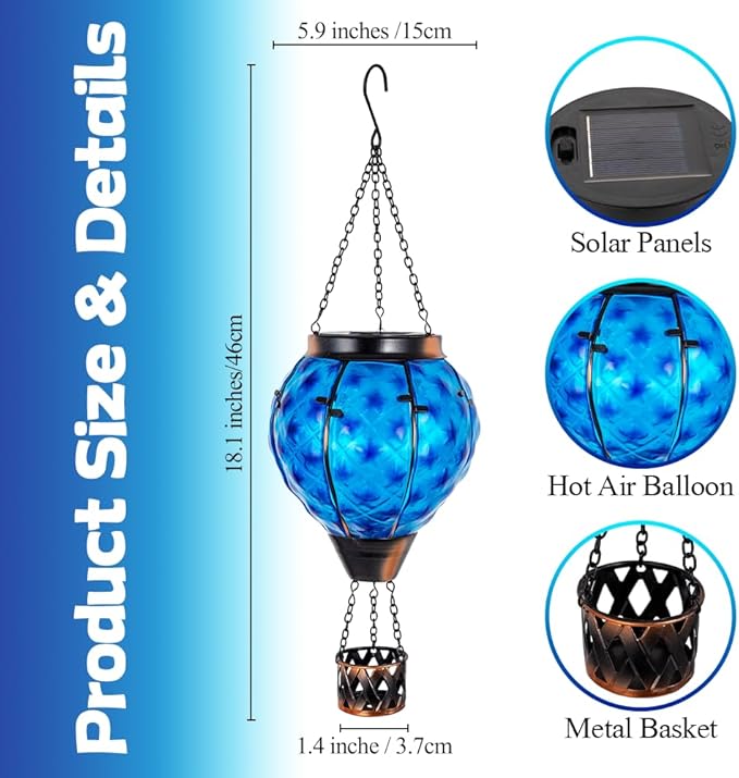 Solar Hot Air Balloon Lantern with FlameGlass Solar Hanging Lights Outdoor WaterproofHot Air Balloon Solar Blue Star Lamp Decorative for Lawn Porch Tree Yard