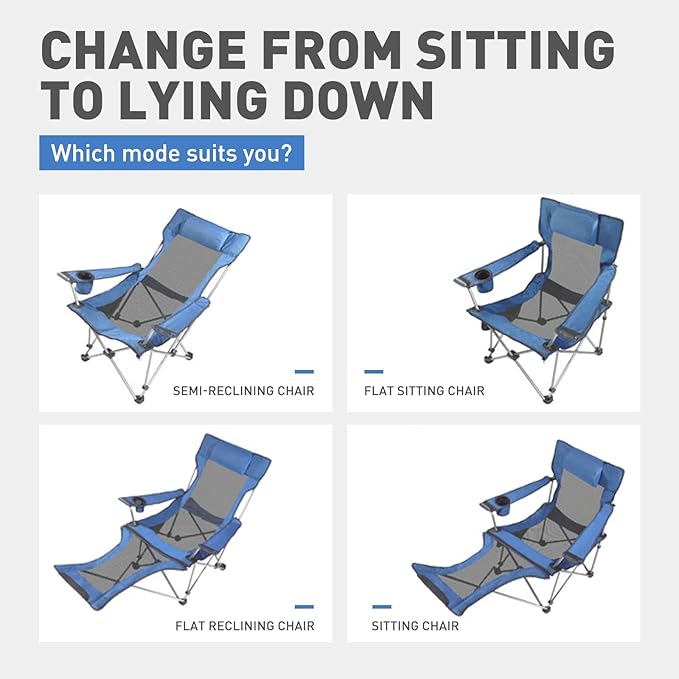 Reclining Folding Camping Chair with Removabel Footrest Adjustable Folde Camping Chair with Foot Rest Camp Lounge Outdoor Beach Chair Mesh Reclining Design with Pillow Cup Holder Blue Mesh