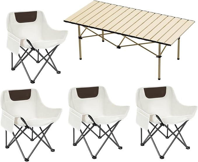 Portable Outdoor Camping Set Square End Table with 4 Moon Chairs for Patio Garden Living Room Indoor Outdoor Use (White 47 inches)