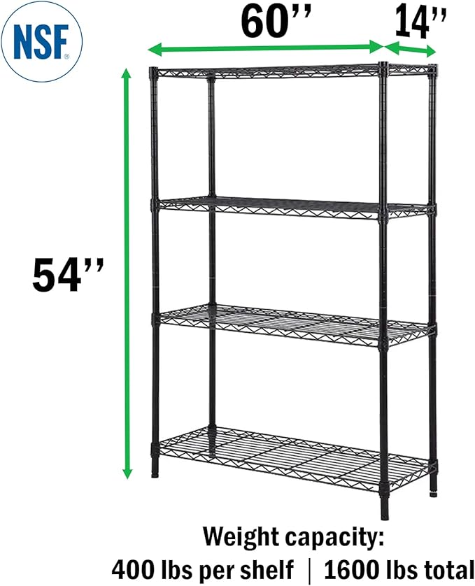 4 Tier Black Epoxy Wire Shelving Kit | NSF Commercial Storage Rack Unit (14 Deep x 60 Wide x 54 High)