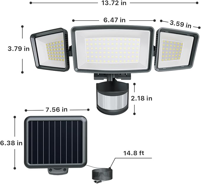 Ensenior 5 Motion Sensor Modes Solar Security Light 1800LM 270° Wide Angle 3 Heads LED Flood Lights IP65 Waterproof Wall Lights Separate Solar Panel Remote Control Solar Lights Outdoor