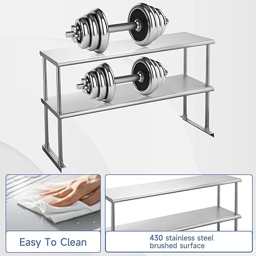 ROCKPOINT Stainless Steel overshelf for Prep Work Table 12 D x 48 WCommercial Double Overshelf in Kitchen HomeRestaurantGarage with countertop Capacity 380lb