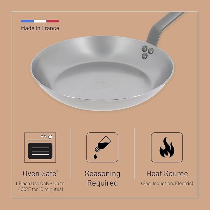 de Buyer MINERAL B Carbon Steel Omelette Pan - 11” Diameter 8.3” Cooking Surface - Naturally Non-Stick Finish - Made in France