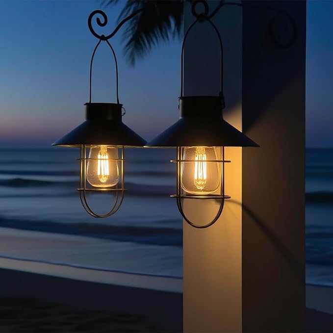 2 Pack Solar Lantern Hanging Waterproof Outdoor Metal Solar Lamp with Wall Hooks Warm White Light Decorate for Yard Garden Pathway Patio Porch Decor (Black)