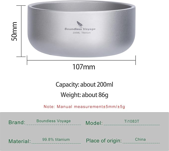 Boundless Voyage 200ml Titanium Double-walled Bowl for Adult Children Ultralight Portable Soup Rice Food Bowl Outdoor Camping Durable Metal Tableware Ti1083T