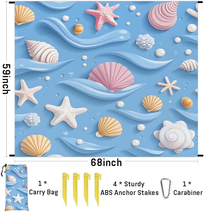 Waterproof Sandproof Beach Blanket 59''×68'' Ocean Decoration Shell Polyester Outdoor Picnic Blanket with 4 Stakes &amp Storage Bag for BeachCampingVacation