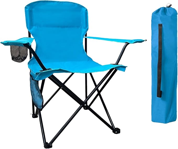 Folding Camping Chair with Cup Holder and Cooler Bag Portable Outdoor Chair for Camping Fishing Beach Picnic Heavy Duty Steel Frame Carry Bag Included Supports 225LBS Blue 1 Pack