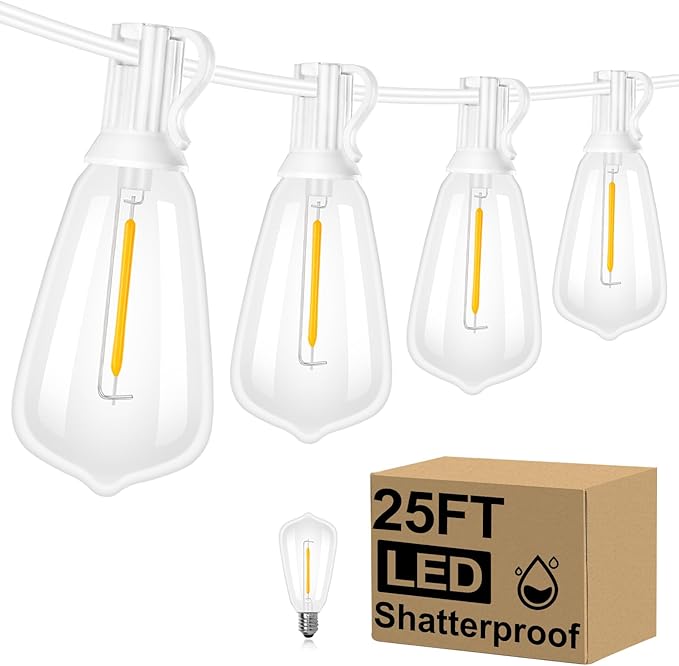 Brightever Outdoor String Light 25 FT ST38 Patio Lights with 13 Edison Bulbs Waterproof Connectable Hanging Lights for Backyard Porch Balcony Party Christmas Decor E12 Socket Base White