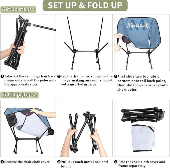 Custom Blue Portable Camping Chair Personalized Backpacking Chair with Name Lightweight Foldable Chairs for Hiking Beach