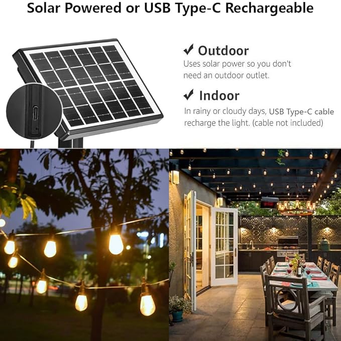 SUNTHIN 100ft Solar String Light Outdoor USB Rechargeable Patio Solar Outdoor Lights with Waterproof &amp Shatterproof 30 LED Bulbs for Backyard Porch Garden Pool Party Camping