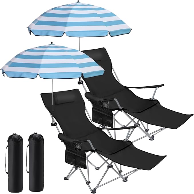 Karenhi 2 Set Beach Camping Chair with Umbrella for Adult Folding Reclining Camping Chair with Foot Rest Adjustable Clamp Canopy Shade for Outdoor Patio Travel Beach(Black)