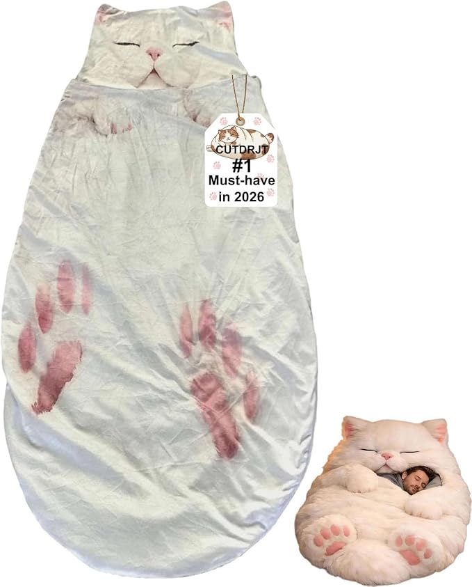 Giant Fluffy Plush Cat Sleeping Bag for Human Adults Adorable Animal Shaped Cozy Soft Warm Blanket Envelope Cute Slumber Bags Floor Lounger Gift for Camping Travel Sleepovers &amp Home Lounging