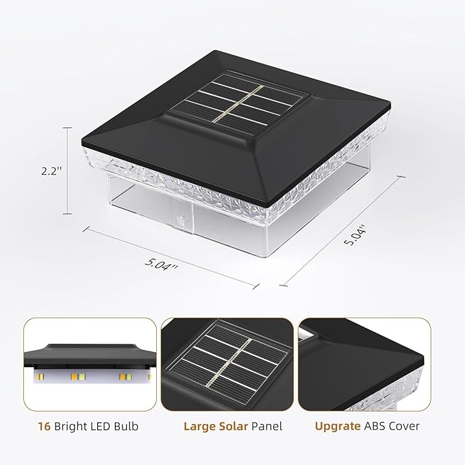 Solar Post Cap Light 4x4/5x5 – 6 Pack Dual Color 800mAh 12H Runtime Auto Dusk-to-Dawn On/Off Black