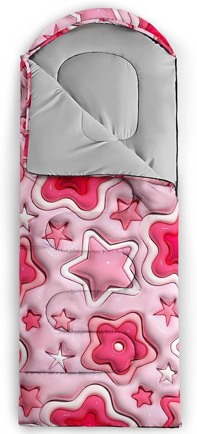 Kids Sleeping Bag for Boys Girls3D Pink Stars Print-Lightweight Warm Portable Outdoor Indoor-Waterproof Cold Weather Resistant Sleeping Bag for Camping Hiking
