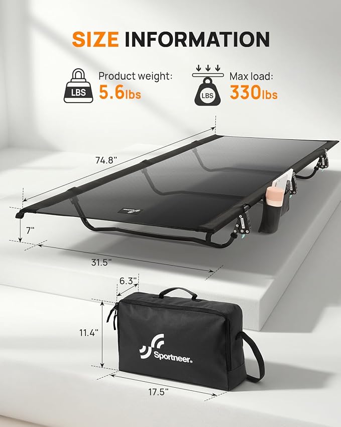 Sportneer Mesh Folding Camping Cot 31.5 Extra Wide Breathable Cot Bed with Enhanced Airflow Compact &amp Lightweight for Outdoor Camping Backpacking Hiking