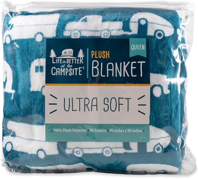 Camco 53440 Life is Better at The Campsite Plush Fleece Blanket Queen Size - Keeps You Warm While at Home Camping or on Picnics - Machine Washable - Features a Brand RV Print Blue