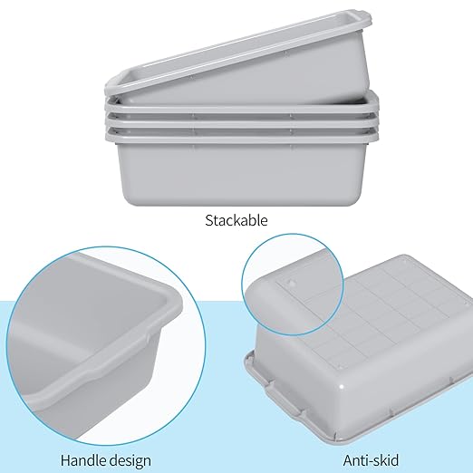 Set of 4 Gray Food Service Bus Tubs 32 L Plastic Commercial Utility Bus Boxes for Restaurant