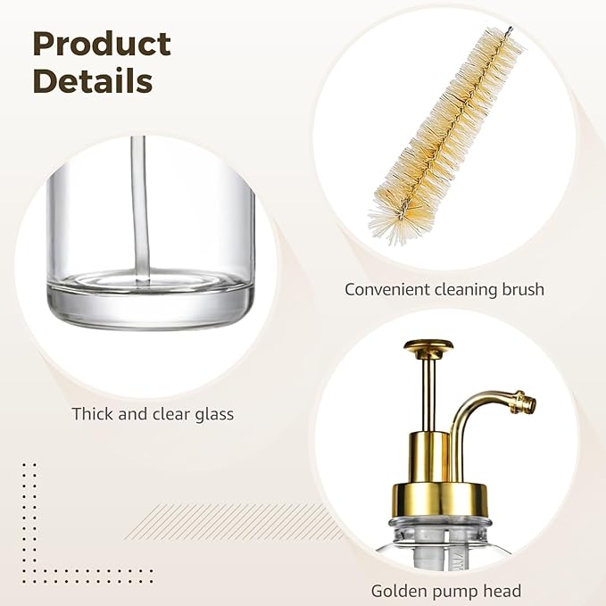 2 Pcs Glass Coffee Syrup Dispenser with Pump 8.66 in Tall 2 Gold Pumps Includes Labels Brush and Funnel Syrup Bottles