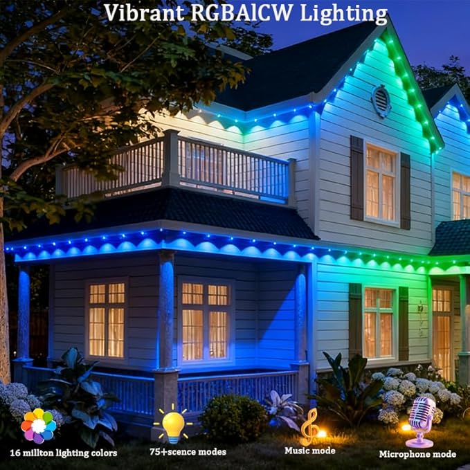 Permanent Outdoor LightsSmart Outdoor Christmas Lights 24V with IC+RGB 20 LED IP67 Waterproof Eaves Lighting with 213 Modes for HolidayParty Daily APP/Remote Control