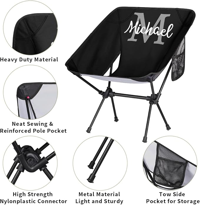 Custom Black Portable Camping Chair Personalized Backpacking Chair with Name Lightweight Foldable Chairs for Hiking Beach