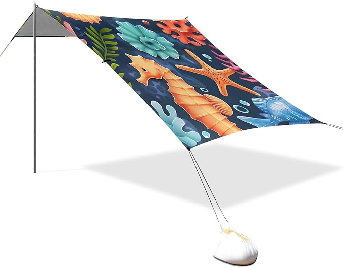 Seahorse Starfish Coral Cartoon Camping Sun Shelter Beach Tent Portable Beach Sun Shade Outdoor Canopy for Camping Trips Fishing Picnic