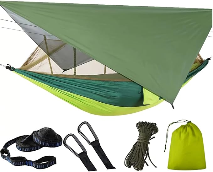 Double Camping Hammock with Mosquito Net and Rain Fly – Lightweight 3-in-1 Tent Setup for Outdoor Hiking Travel Patio &amp Backpacking – Portable Hammock for Adults with Tree Straps &amp Bug Net