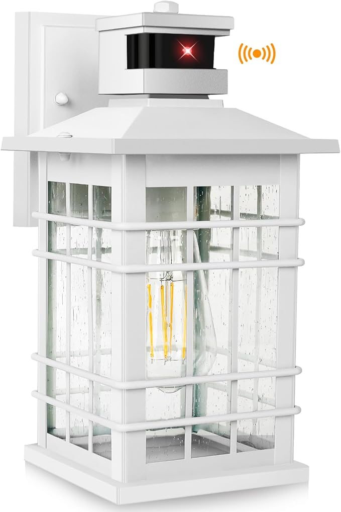 Motion Sensor Outside Wall Lantern Waterproof White Dusk Dawn Outdoor Lighting Wall Mount with Tempered Glass Modern Anti-Rust Motion Porch Light Fixture for Hallway Entryway Doorway
