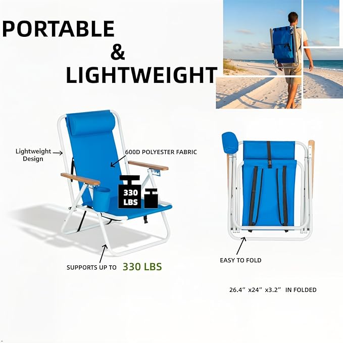 1PC Portable High Strength Beach Chair with Adjustable Headrest &amp Cup Holder Iron &amp 600D Polyester 330lbs Capacity Blue Foldable Chair for Beach Camping Hunting Fishing (Blue 1PC)